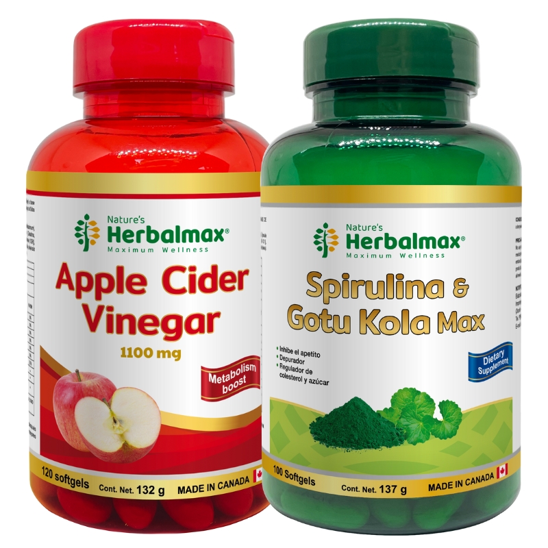 APPLE CIDER VINEGAR SOFTGELS 1100MG ENVASE X 120 + SPIRULINA & GOTU KOLA-MAX SOFTGELS 1370 mg ENVASE X 100
