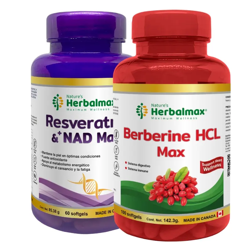 RESVERATROL &+NAD MAX 1423 mg ENVASE X 60 U + BERBERINE HCL MAX SOFTGEL 1423 mg ENVASE X 100 U