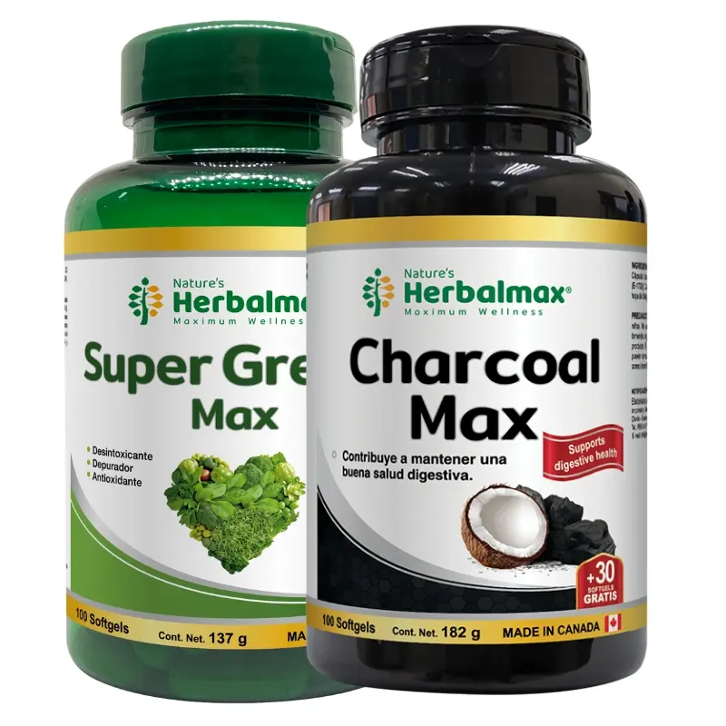 DETOX TOTAL: SUPER GREENS -MAX SOFTGEL 1370 mg ENVASE X 100 U+ CHARCOAL MAX SOFTGEL 1400 mg ENVASE X 130 