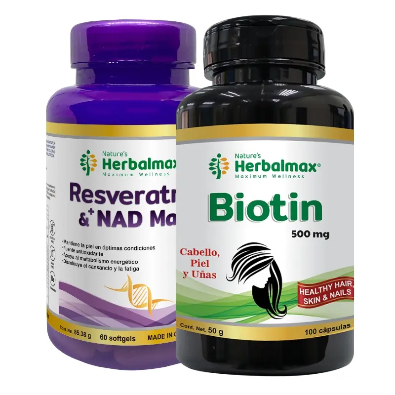 RESVERATROL & +NAD MAX SOFTGEL 1423 mg ENVASE X 60 U + BIOTIN CAPSULAS 500 mg ENVASE X 100