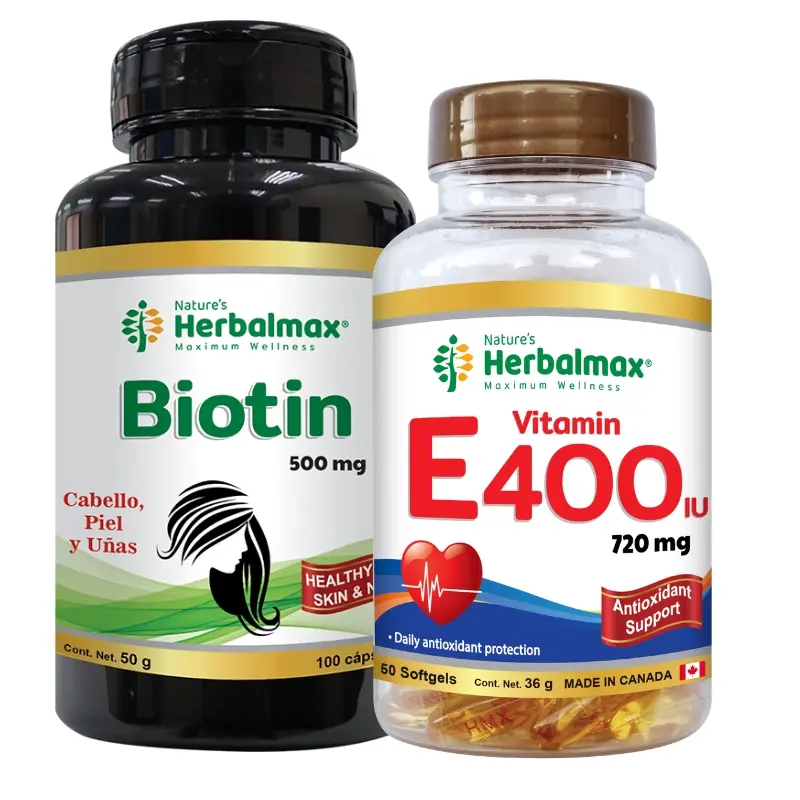 VITAMINA E SINTÉTICA SOFTGELS 400 IU ENVASE X 100+ BIOTIN CAPSULAS 500 mg ENVASE X 100