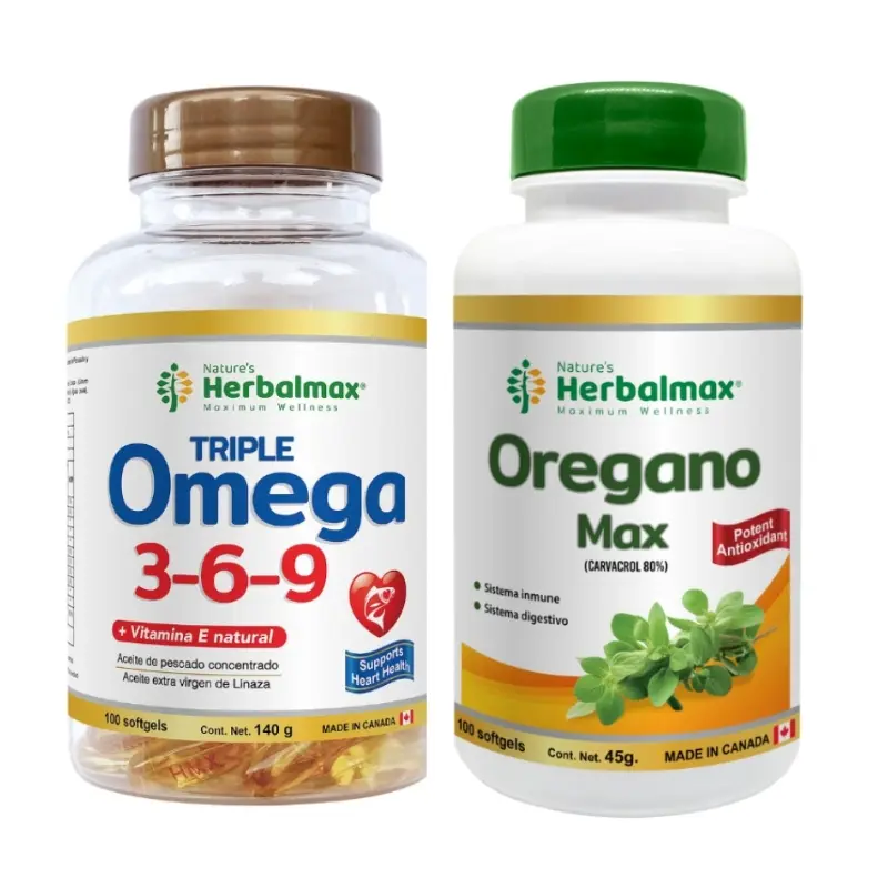 TRIPLE OMEGA 3,6,9 SOFTGELS 1400 mg ENVASE X 100 ORÉGANO MAX SOFTGELS 450 mg ENVASE X100