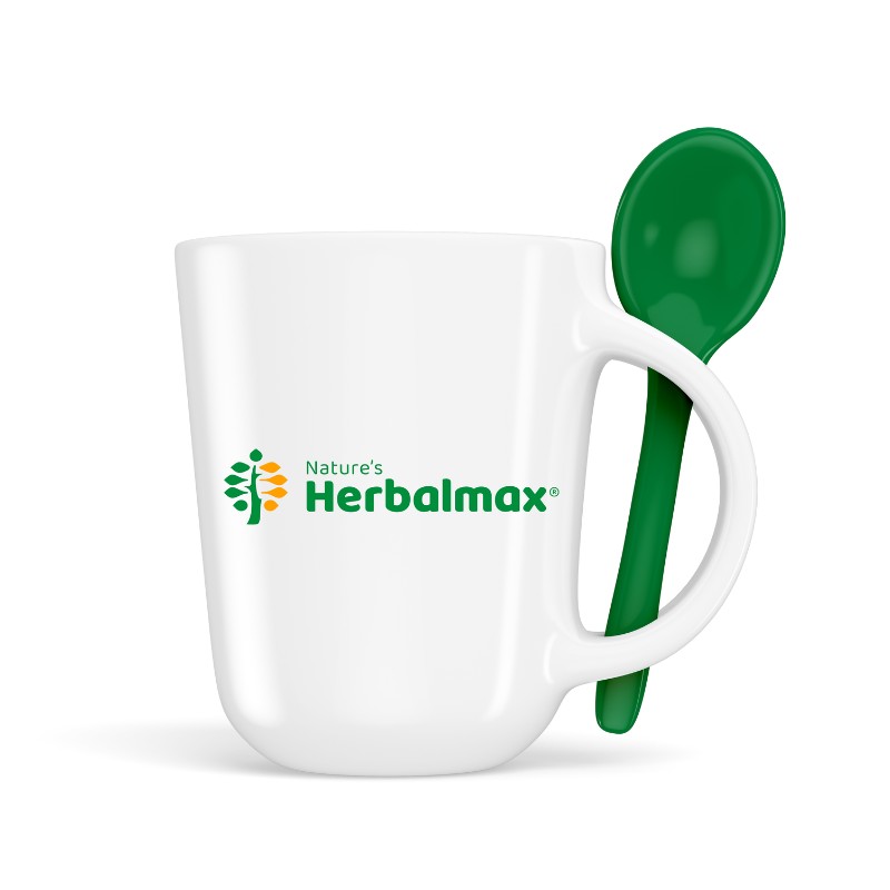 TAZA CERAMICA INTERIOR VERDE LOGO HERBALMAX + CUCHARA