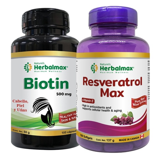 [WKIX-0034] RESVERATROL MAX SOFTGEL 1370 mg ENVASE X 100 + BIOTIN CAPSULAS 500 mg ENVASE X 100