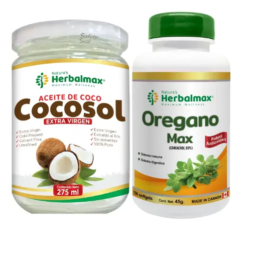 [WKIX-0045] 1 ACEITE DE COCO COCOSOL 275ml +ORÉGANO MAX SOFTGELS 450 mg ENVASE X100 